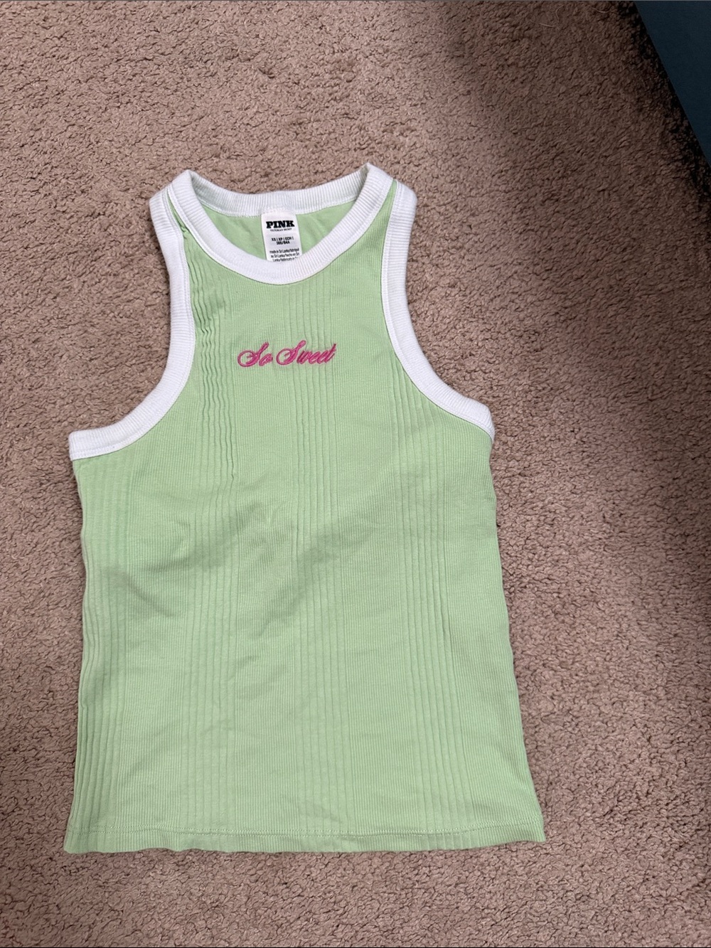 PINK Victoria's Secret Light Green Ribbed Tank with White Trim